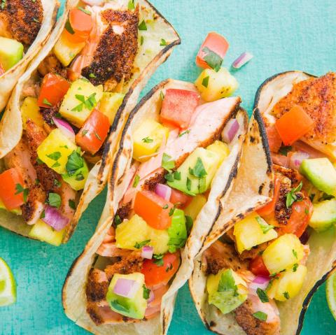 GRILLED SALMON TACOS WITH AVOCADO AND YELLOW PEPPERS