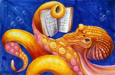 Octopus reading a book