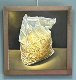 oil painting of a cellophane bag of pasta